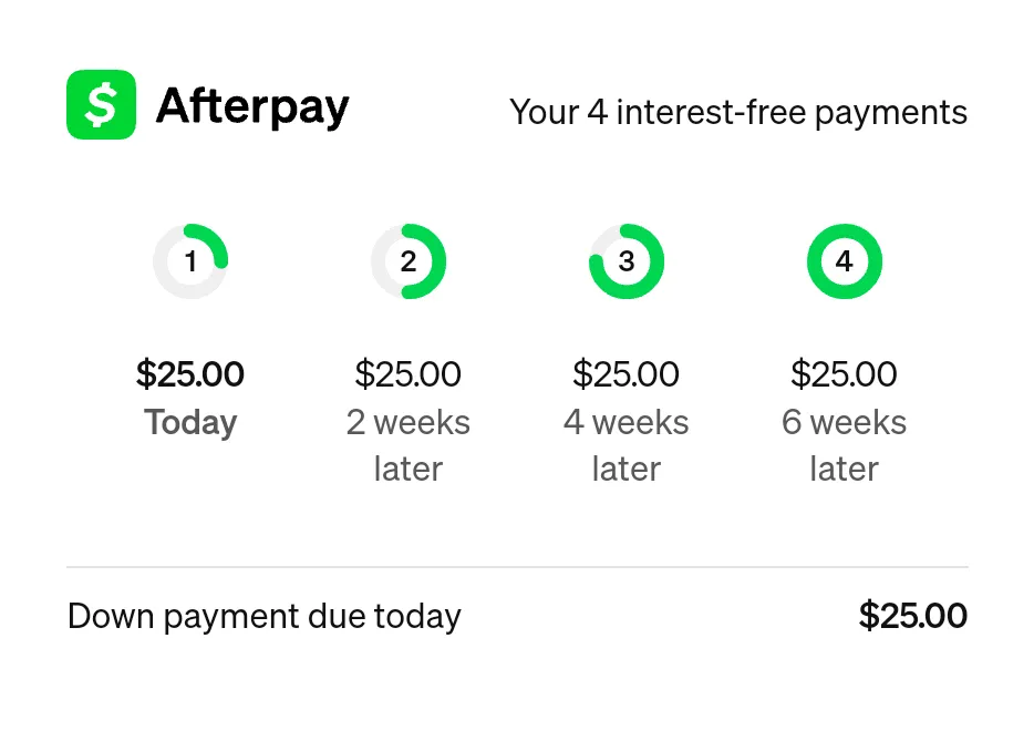 Checkout widget with the Cash App Afterpay lockup, four payments of $25.00 due today and every 2 weeks after, and a down payment due today of $25.00