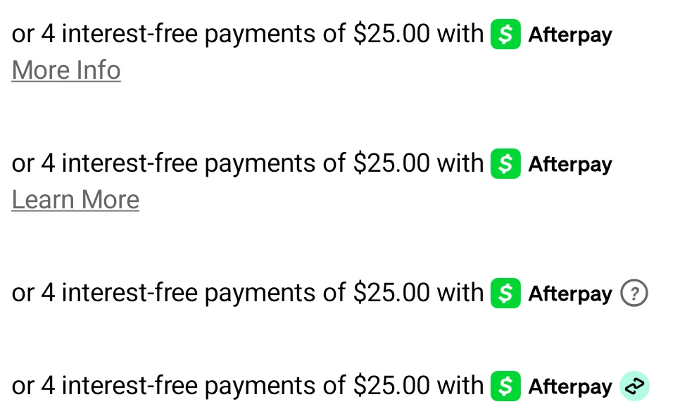 Four price breakdowns that end with More Info, Learn More, a circled question mark, and a circled logo